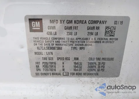 2019 Chevrolet Trax 1Lt из США, поврежденный, VIN KL7CJLSB3KB873868